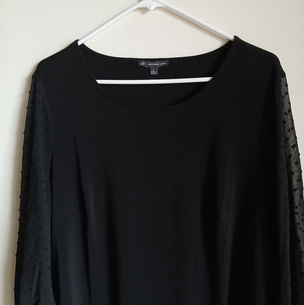 Adrianna Papell Black Sheer Polka Dot Sleeve Blouse-Size 1X
